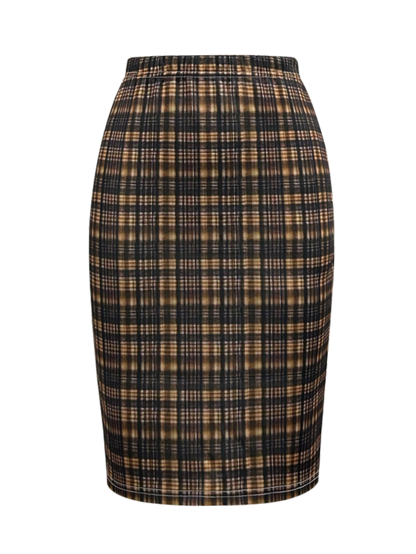 Autumn Winter Women's Plaid Printed Fashion Commute Style Office Lady Workwear Midi Skirt, Milk Silk Coffee Skirt, S-XXL---CF56454