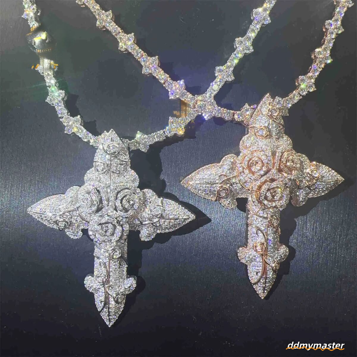 In Stock Fashion Man Jewelry Gold Color Hip Hop S Vvs1 Moissanite Dia Rose Flower Cross Pendant Necklace Set Ddmymaster