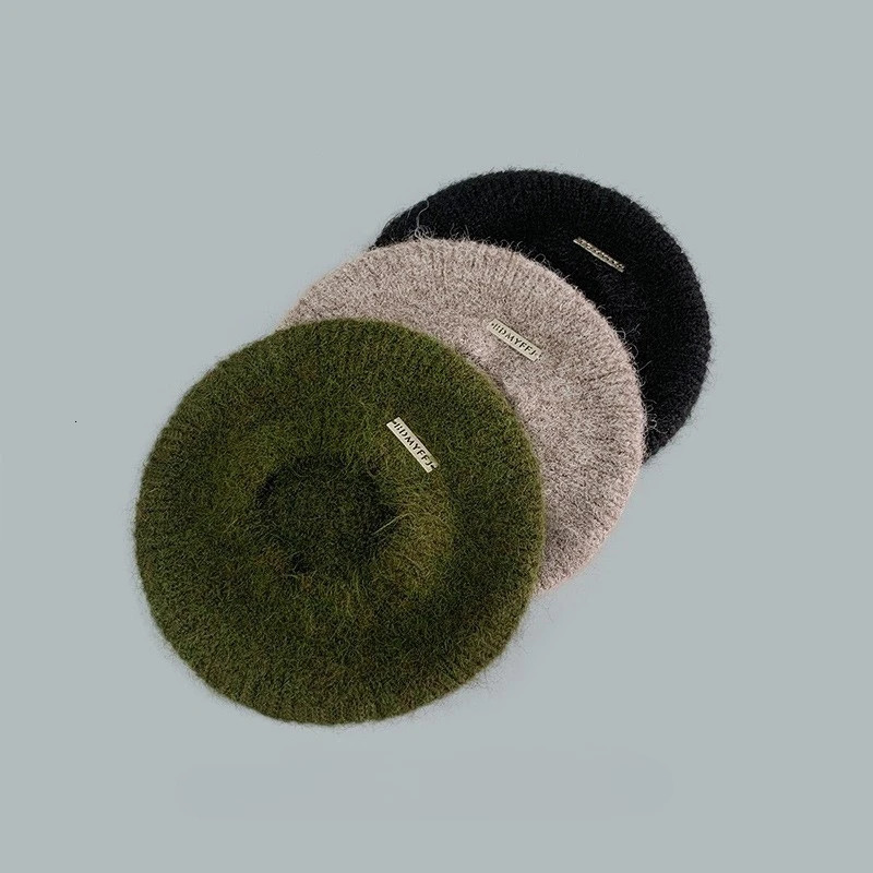 Japanese Style Mohair with Iron Lable Knitted Beret Women Vintage Trend Warm Painter Hat Female Artist Hat Ladies Autumn Winter 251023