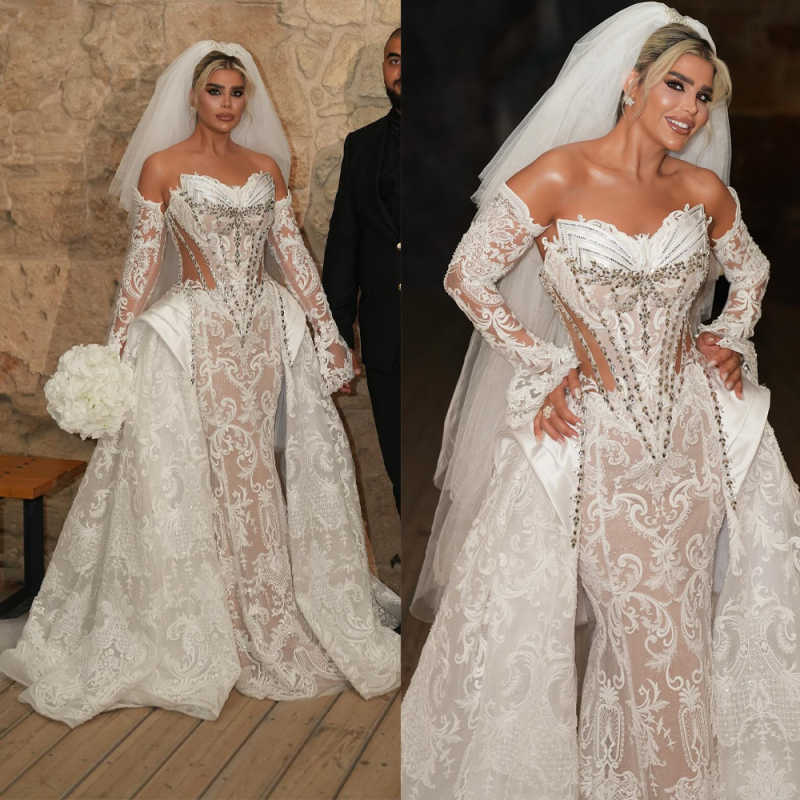 Pearls Sweetheart Neck Detachable Long Sleeve 2 Pieces High Quality Lace Mermaid Wedding Dress Elegant Vestido De Noiva Sereia