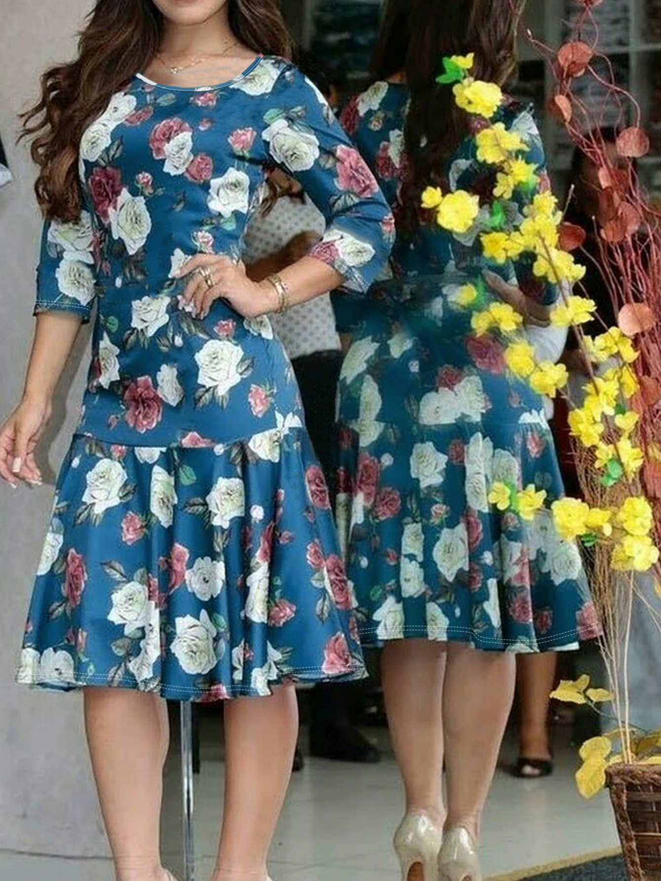 Autumn Winter New Women's Floral Printed Elegant Mom Commute Dress, Milk Silk Long Sleeve Midi Dress, S-XXL Peacock Blue--CF51078