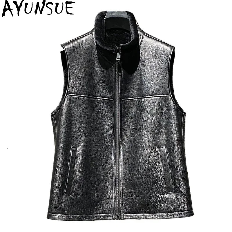 AYUNSUE Natural Sheepskin Fur Vest 2025 Slim Winter Clothes Mens Fur Sleeveless Jackets Fashion Genuine Leather Jacket Men Warm 251020