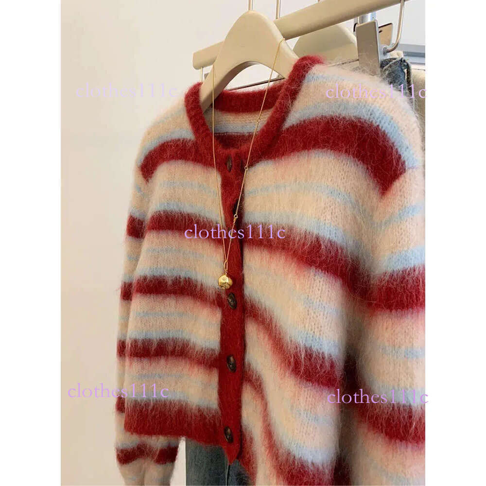 Autumn Winter New Sweet Red Striped Mohair Knitting Cardigan For Women Fashion Round Collar Single Breasted Sweater Coats