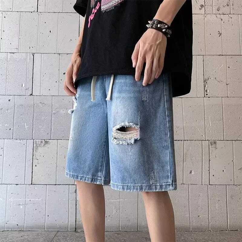 Summer Distressed Ripped Jorts Mens Drawstring Retro Fashion Denim Shorts Hombre Y2K Streetwear Baggy Short Jeans Blue BermudaXJ251025
