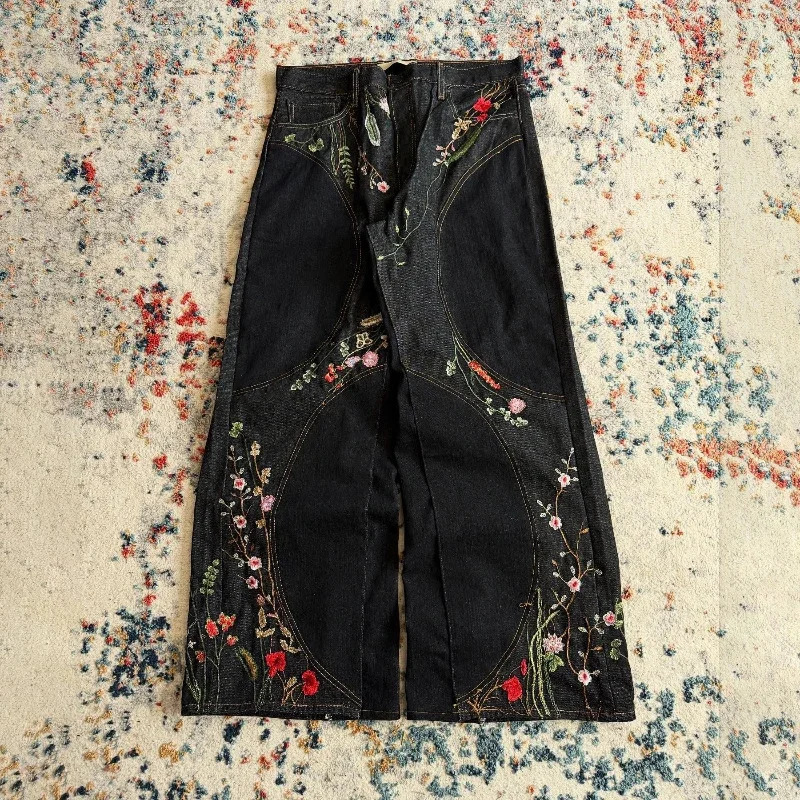 Y2K Baggy Jeans vintage splicing Floral Seams Embroidery Streamlined Jeans 2000s Harajuku goth men women Hip Hop wide leg jeans 251024