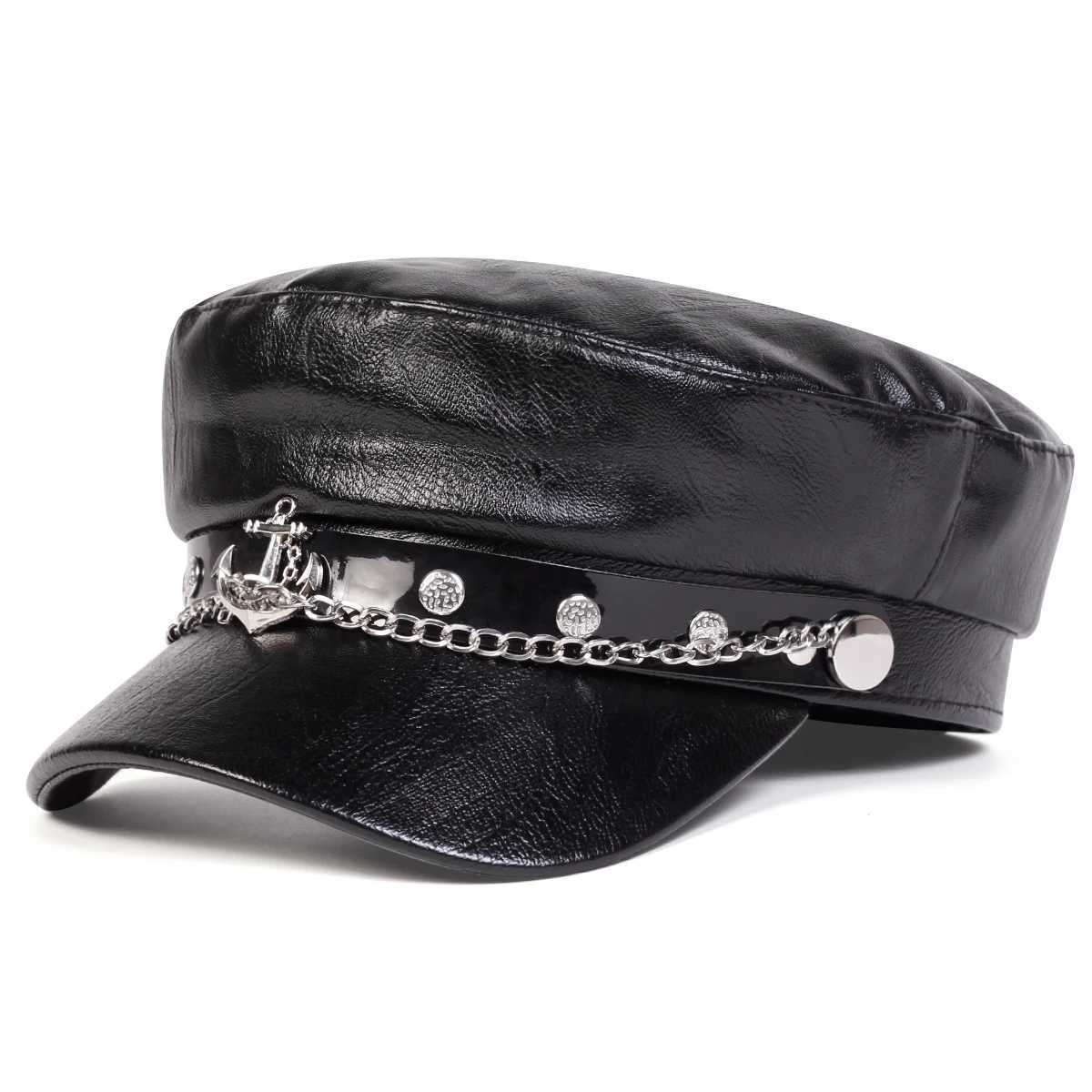 Unisex Ship Anchor Chain Buckle Leather Hat Spring Autumn Sailor Hats Black Beret C Men Flat Top Ctain Military Cs Y251025