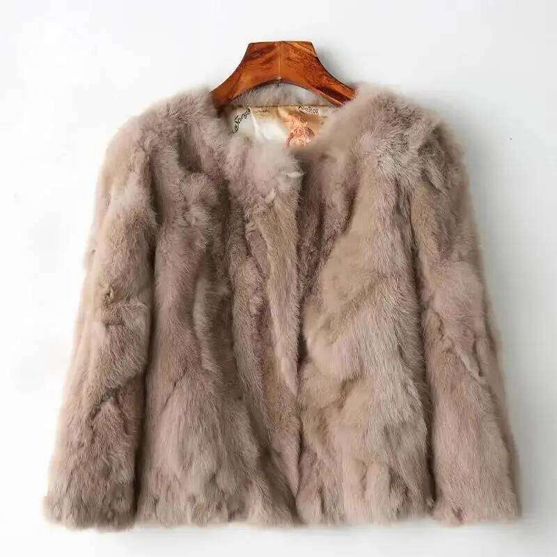New Women's Real Fur High-Waist Round Collar Cardigan Long-Sleeved Slim Fit Rabbit Jacket Women Fashion Coat