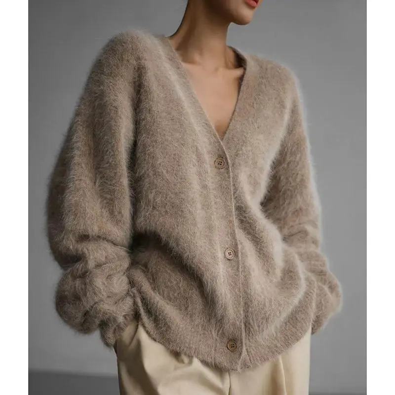 Spring Autumn Women Cardigan Sweater Jacket 2025 Mink Fur Versatile Female Sweater Vneck Loose Ladies Knitted Top 251013
