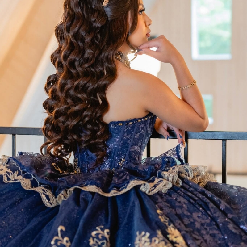Navy Blue Shiny Quinceanera Dresses Ball Gown Off The Shoulder Applique Lace Beading Crystal Corset Party Birthday Sweet 16 Dress Vestidos 15 De Anos