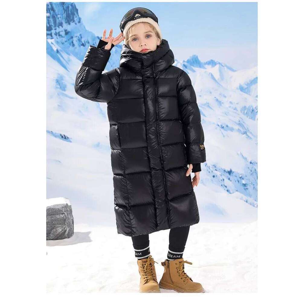 Winter Warm Girls Black X-Long Hooded Full Zipper Puffer Jackets School Kids Thick Snow Coat Children Outfit Windbreaker 5-16 Yr