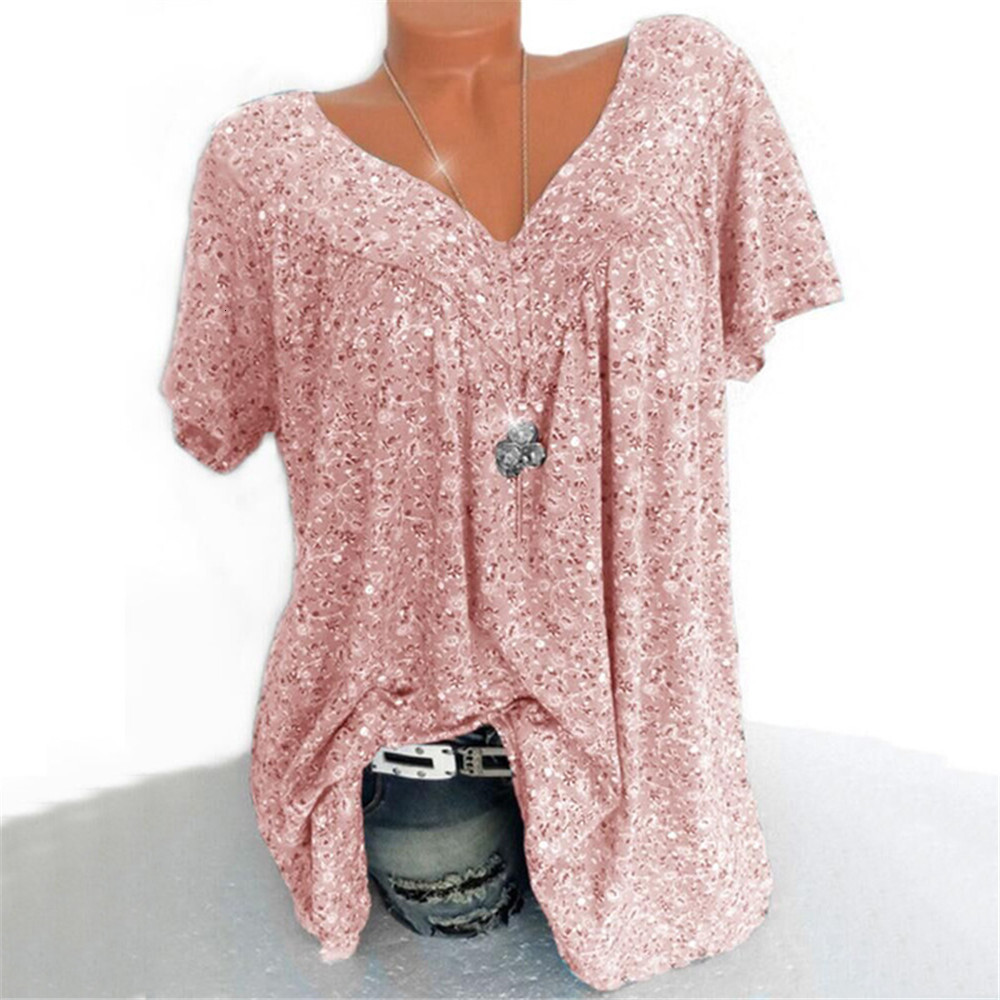 New Women's Fashion 2025 Summer V-neck Loose Short Sleeve Printed T-shirt