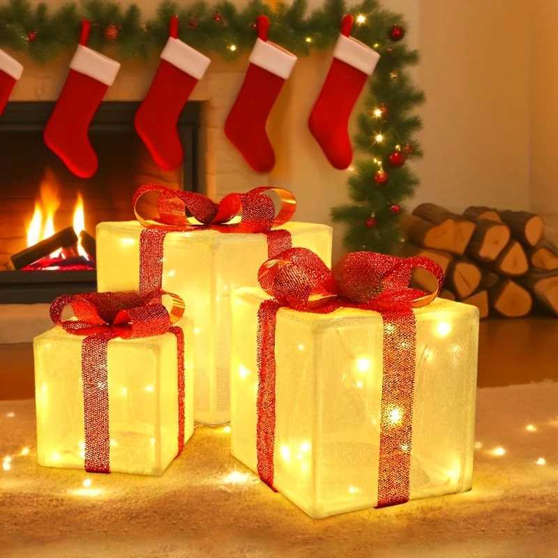3pcs Christmas Thanksgiving Autumn Holiday Lighting Display LED Luminous Christmas Gift Box Fittings3AA No Builtin Battery C251024