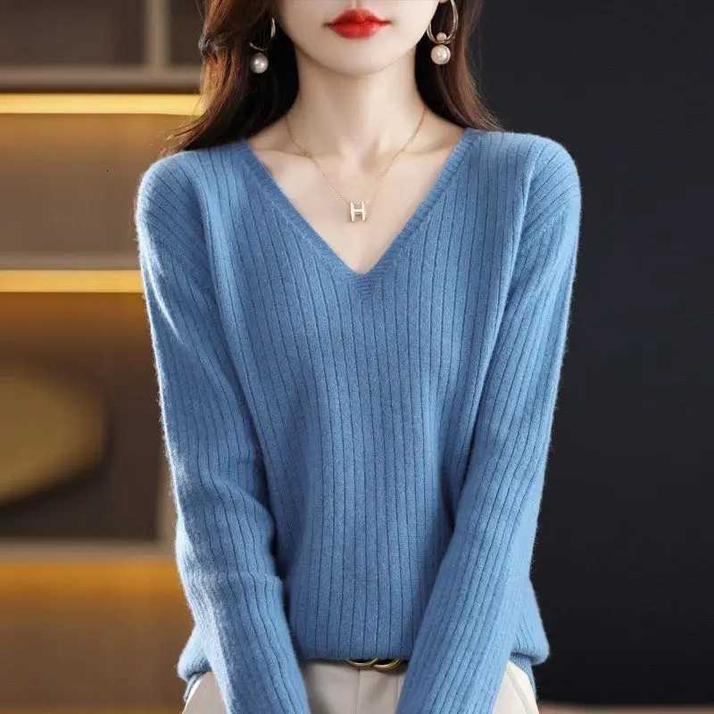 Chic Casual Autumn Winter Basic Sweater Pullovers Women Vneck Solid Knit Loose Pullover Female Long Sleeve Warm Khaki SweaterT251025
