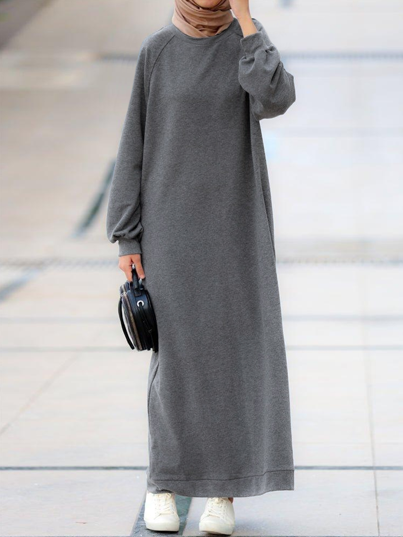 Autumn Winter Women's Middle Eastern Style Solid Color Crew Neck Long Sleeve Loose Straight Robe Elegant Maxi Dress, Milk Silk Gray Dress, S-XXL-