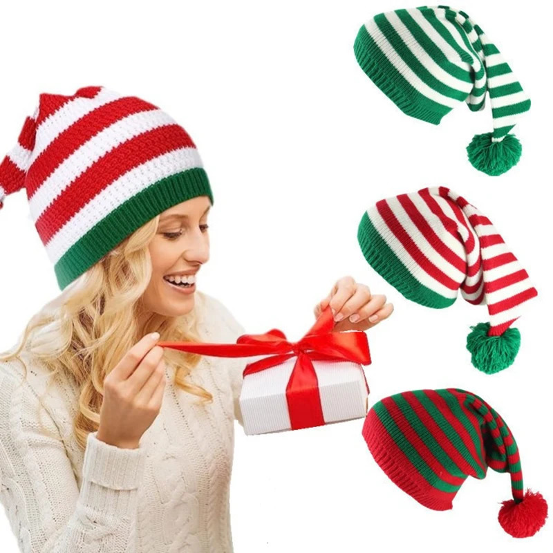 Colorful Stripes Knitted Christmas Hat Elf Santa Beanies Santa Claus Merry Christmas Year Gift Woollen Knitted Crochet Hats 251023