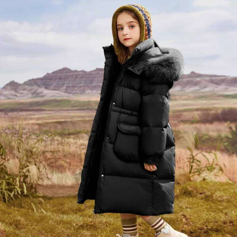Winter Warm Girls Plain Long Cotton Lined Faux Fur Hood Zip Puff Jackets School Kids Thick Coats Child Outfit Windbreaker 5-16Yr