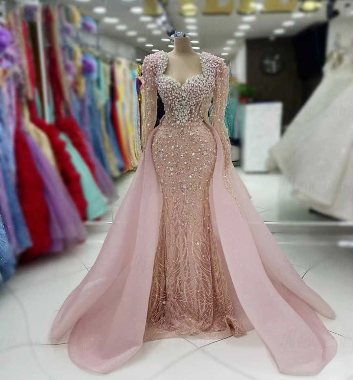 Sparkling Women Evening Dress Long Sleeve Pearls Rhinestone Wedding Dinner Party Bride Gowns Formal Prom Dress Customized