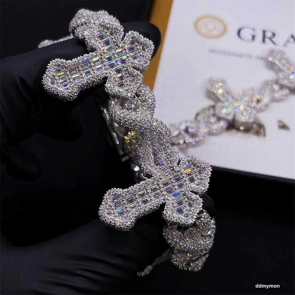 Cross Design Hip Hop Jewelry Sier Charm Iced Out VVS Baguette Moissanite Cuban Bracelet Ddmymon