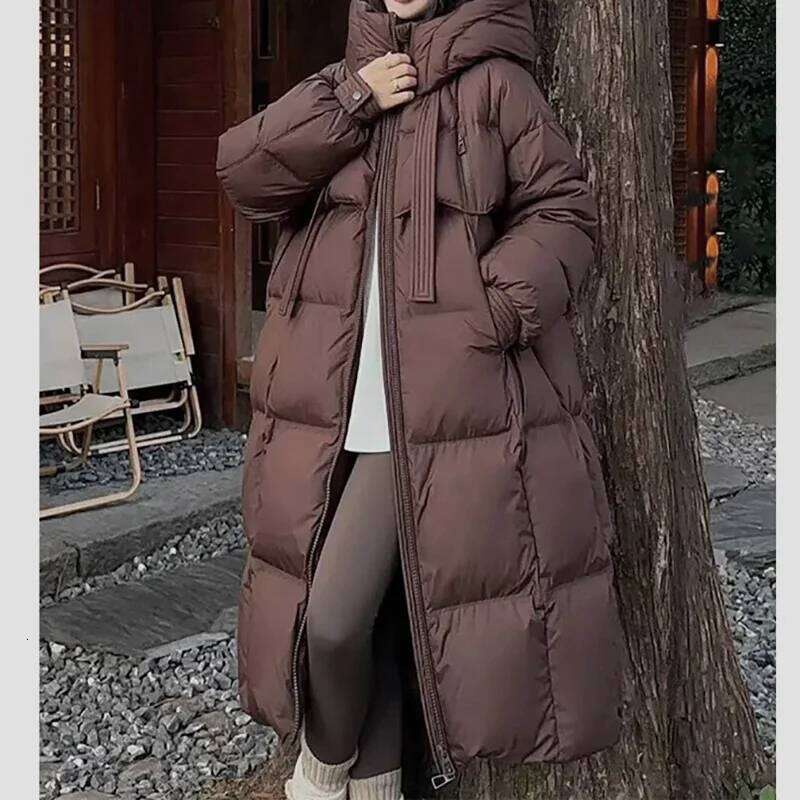 Sleeve Zipper Pocket Long Casual Thicken Warm Hooded Lady Office Parkas Fall Winter Down Coat