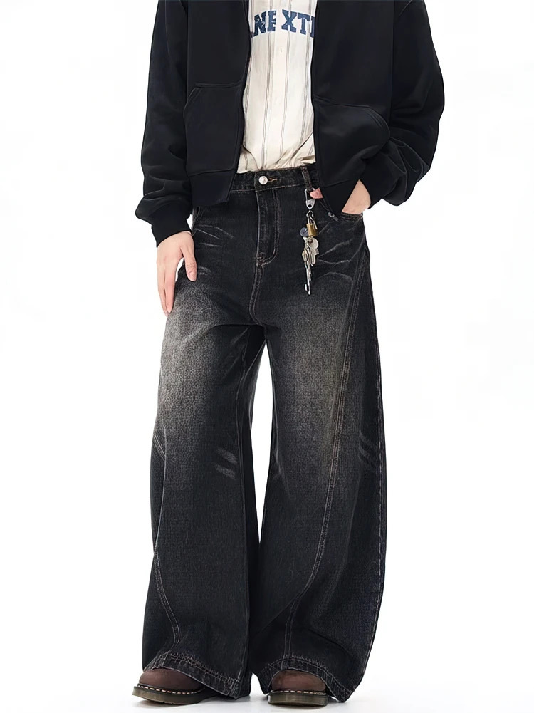 Vintage Black Washed Baggy Jeans Pants Men Wide leg Curved Blade Pants Streetwear Cowboy Casual Denim Straight Trousers 251023