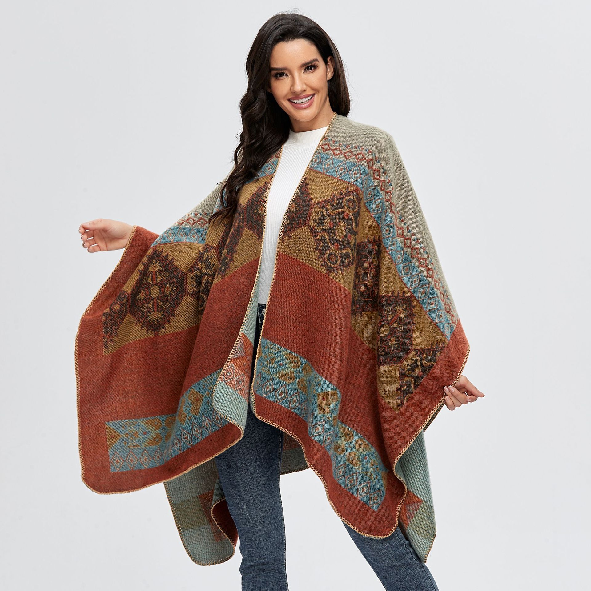 Womens Cape Shawl Autumn Winter Split Warm Imitation Cashmere Scarf Cape