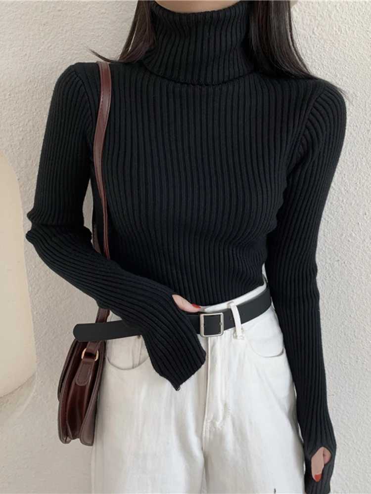 2025 Winter Knitted Turtleneck Sweater Basic Rib Fall Casual Slim Pullover Womens Elasticity Jumper Pull Femme With Thumb HoleT251025