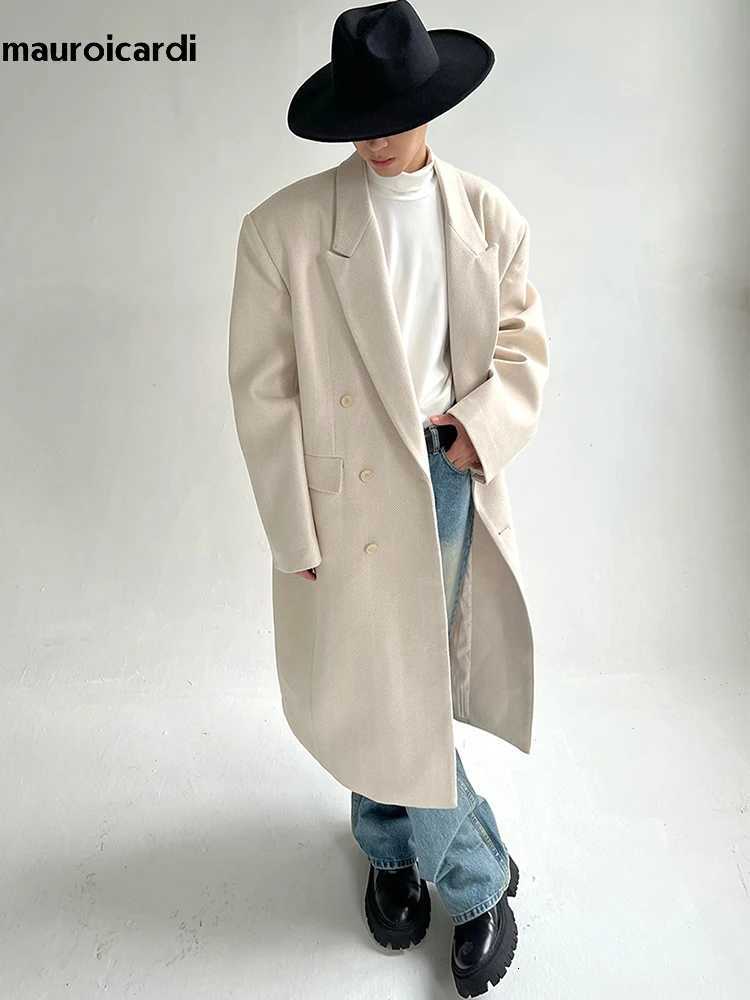 Mauroicardi Autumn Winter Long Beige Oversized Thick Warm Soft Wool Blends Coat Men Double Breasted Loose Korean Fashion 2023T251025