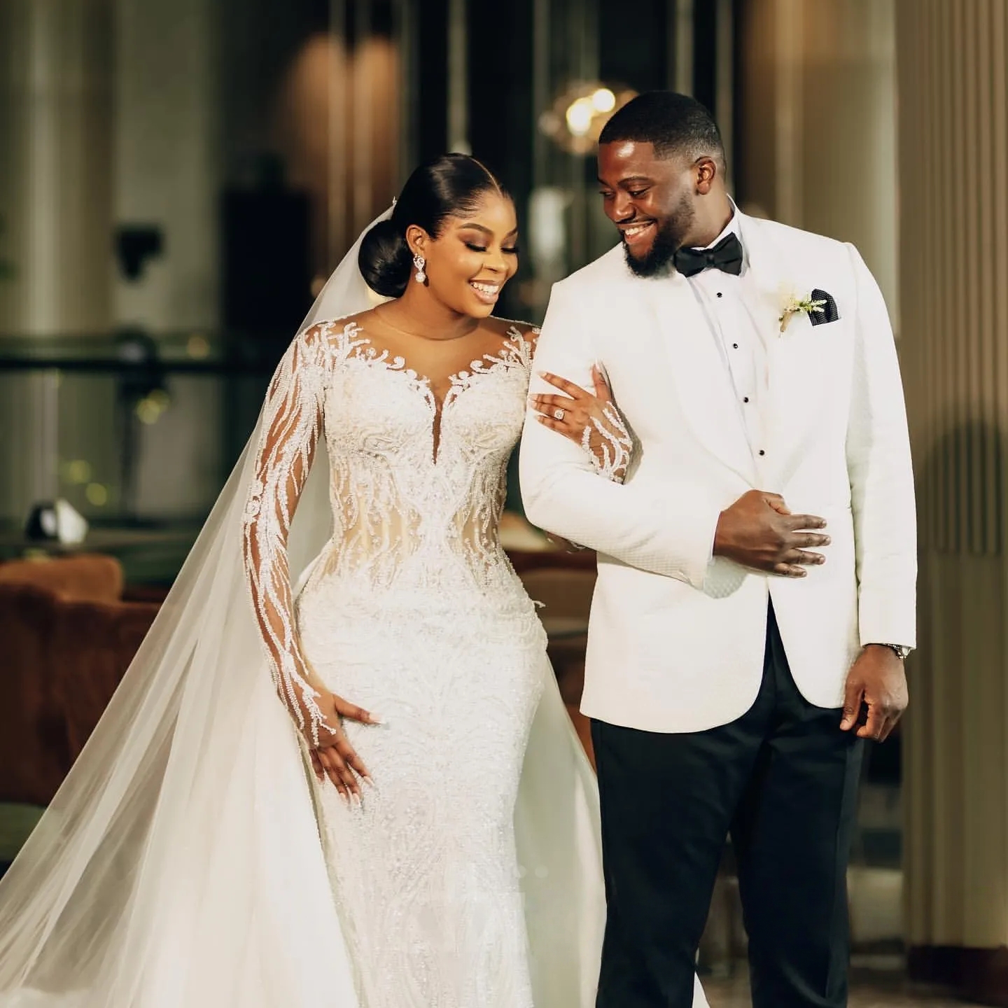 Luxurious Beads Lace Mermaid Wedding Dresses Long Sleeves African Aso Ebi Bridal Gowns With Detachable Train Champagne Jewel Neck 2026 Chapel Bride Dr