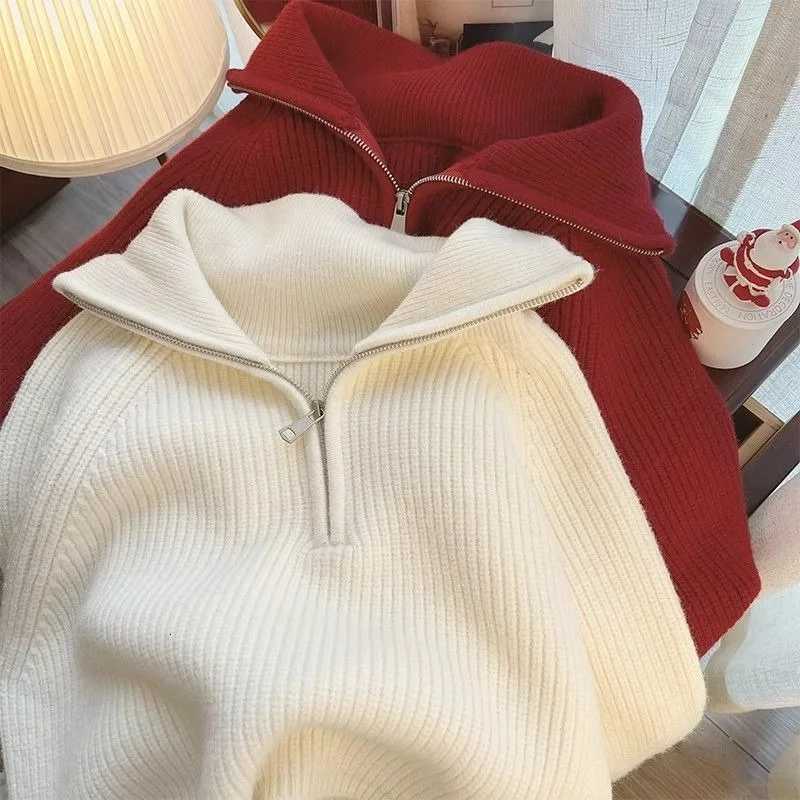 2024 Autumn New Korean Style Versatile Basics Halfzipper Loose Lapel Winter Longsleeved Lazy Sweater Pullover TopT251025