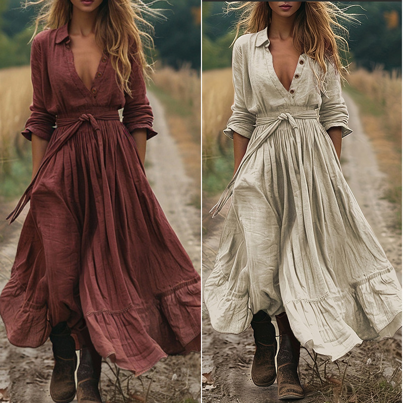 2025 European and American new retro long sleeved Bohemian long cotton linen dress, designer hot selling fashionable dress