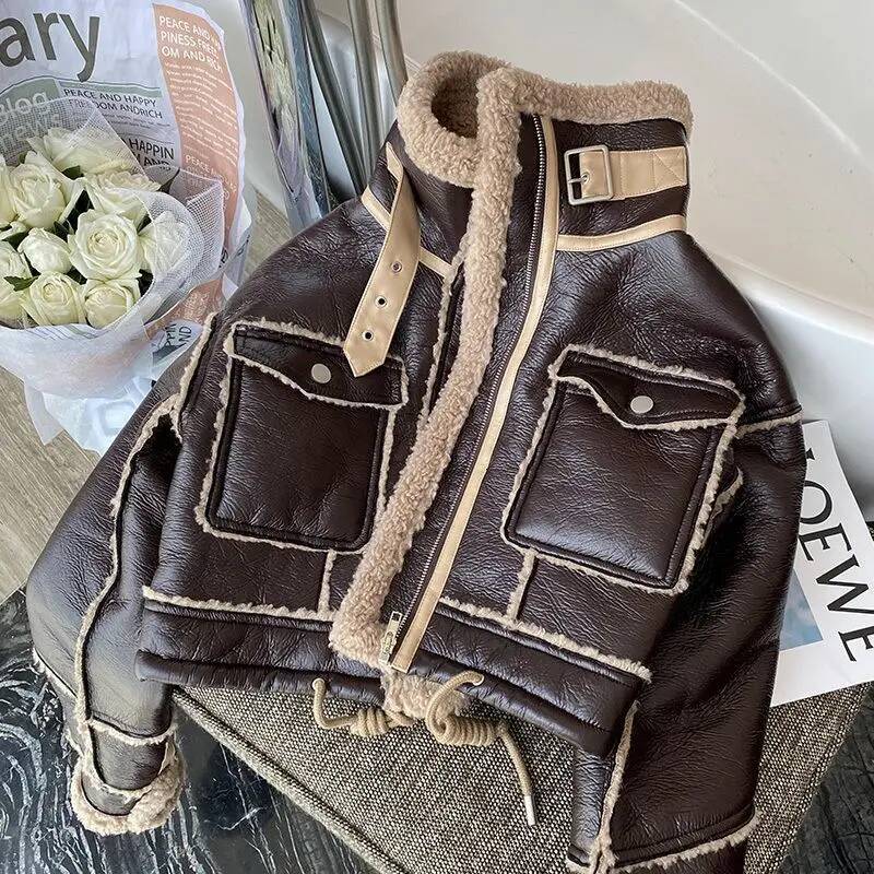 Black Lambswool Jacket Winter Thickened Plus Veet Motorcycle Faux Leather ing Coat PU Plush Cardigan Stand Collar Tops dongdumaoyi