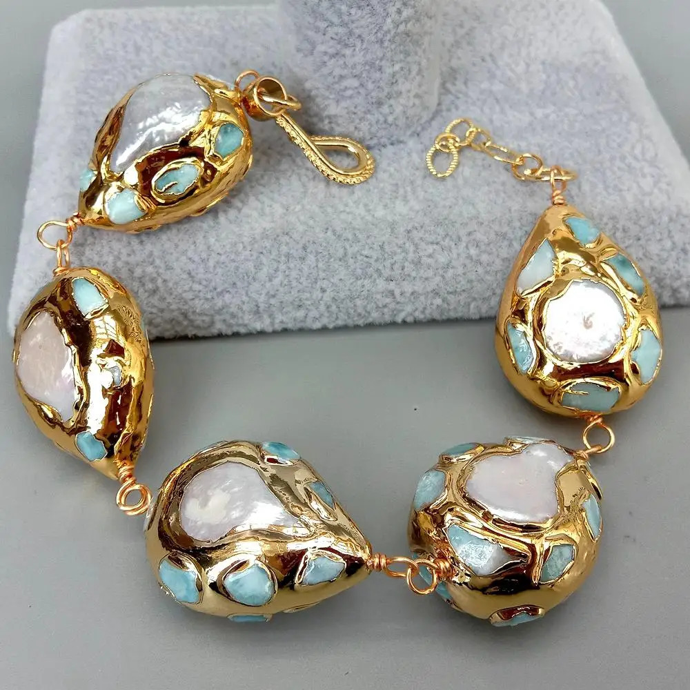 YYGEM Natural White Coin Freshwater Pearl Pave 22x28mm Blue larimar Chips Teardrop Gold Color Plated Wrap Bracelet 9 251016