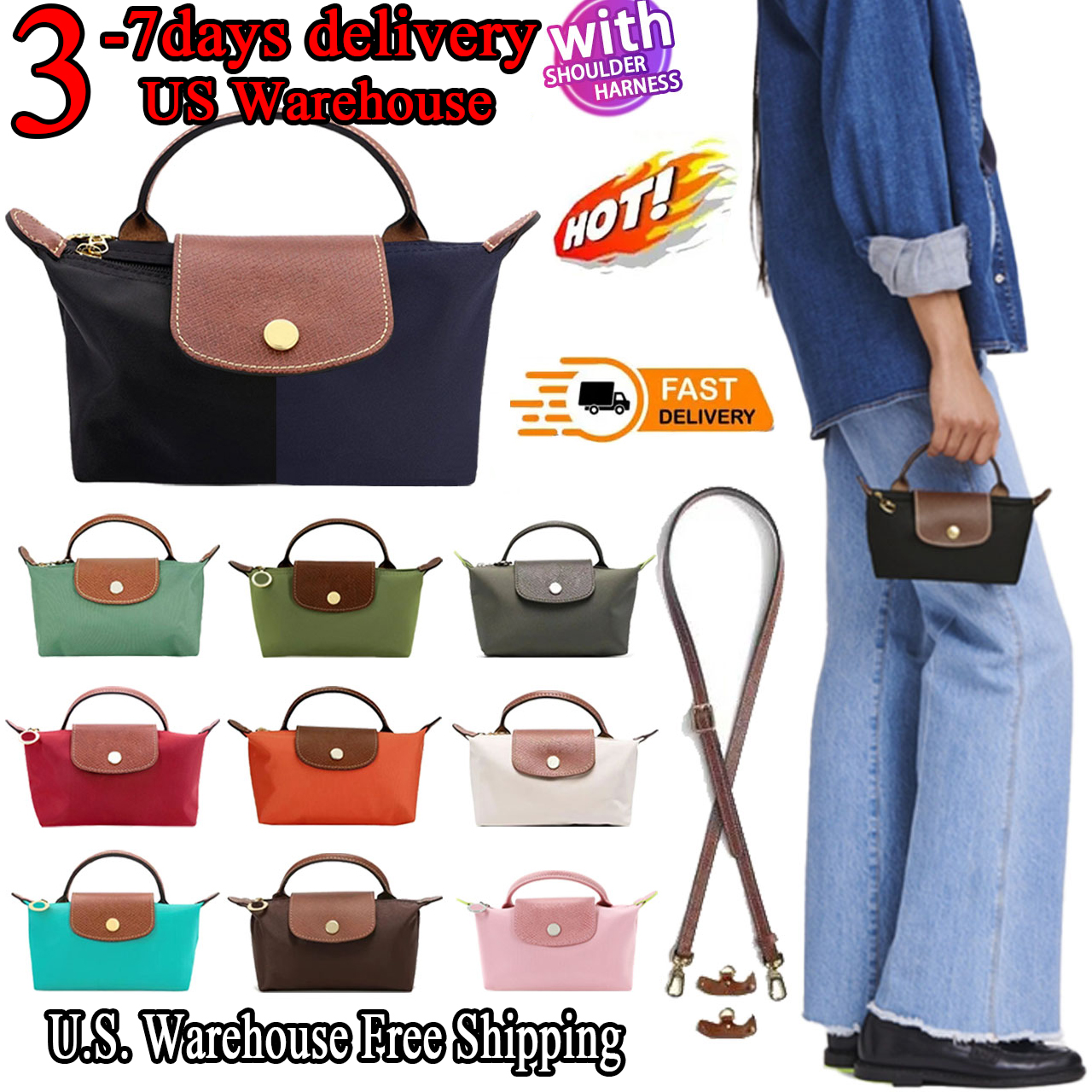 US Warehouse Designer Tote Bag Nylon Le Pliage Canvas Folding Bag Lightweight Shoulder Bag Crossbody Bag Simple Large Capacity French Handbag