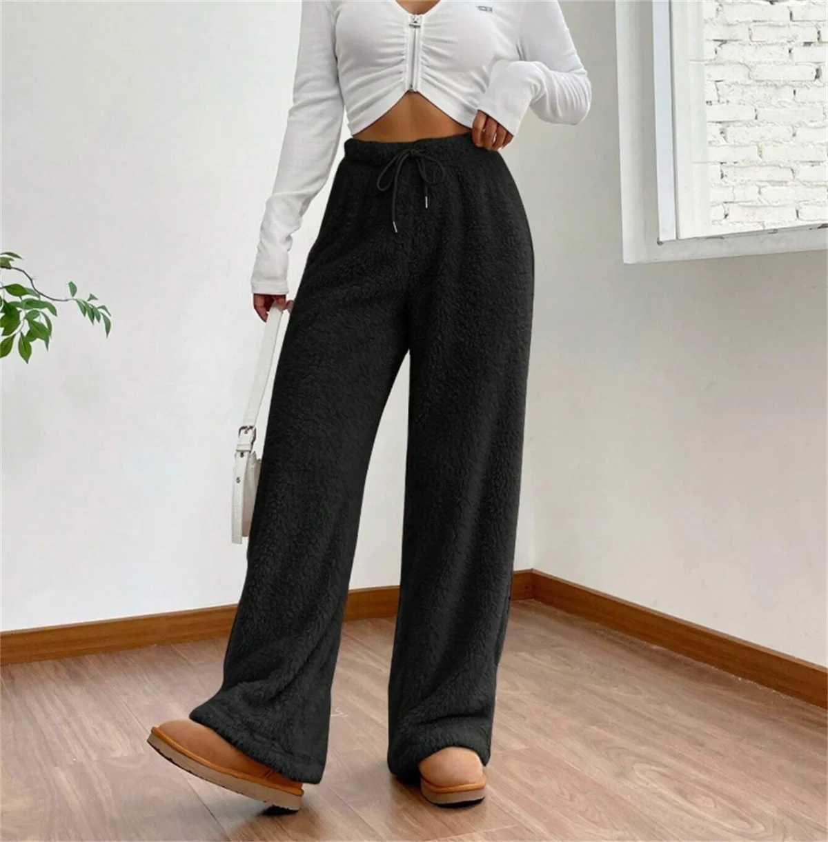 Women Drawstring Autumn Winter Pant Fashion High Wasit Plush Warm Pants Casual Straight Outfit Trousers Lady Streetwear VintageT251025