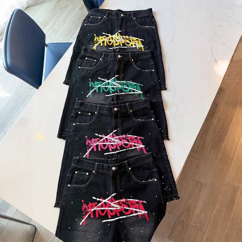 American retro washing jeans graffiti style text print casual fashion denim shorts trendy men and women hiphop streetwearXJ251025
