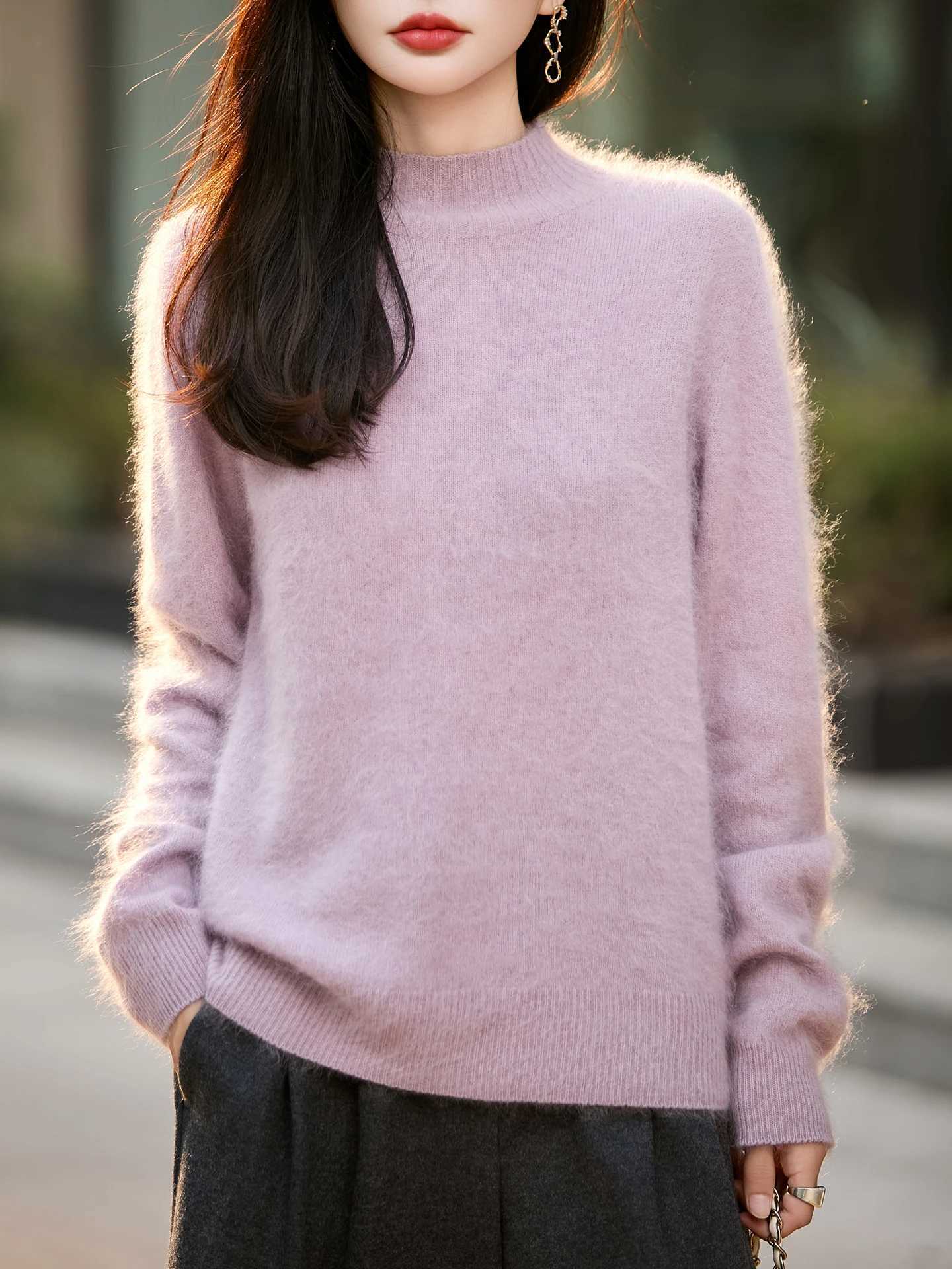 Mock Neck Pullover Sweater 100 Merino Wool Knitwear Casual Loose Womens Autumn Winter Soft Clothing Tops Upgrade TechnologyT251025