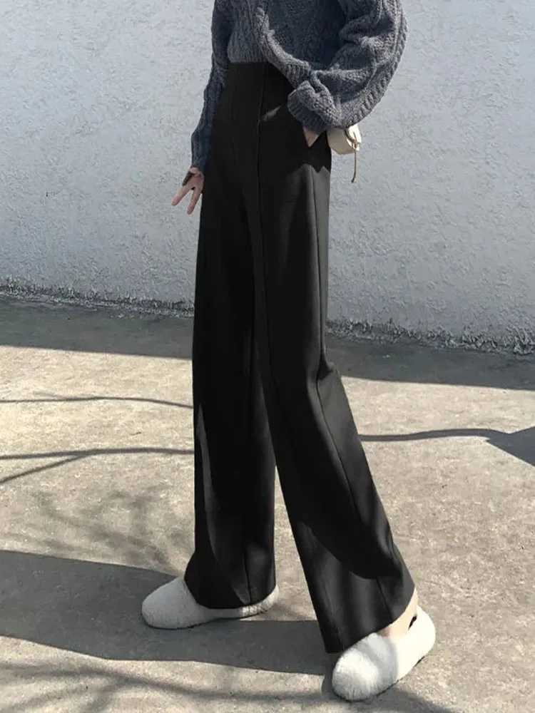 Autumn Winter Warm Woolen Wide Leg Pants Korean Fashion Womens Pantalones Casual High Waist Baggy Thicken Straight SweatpantsT251025