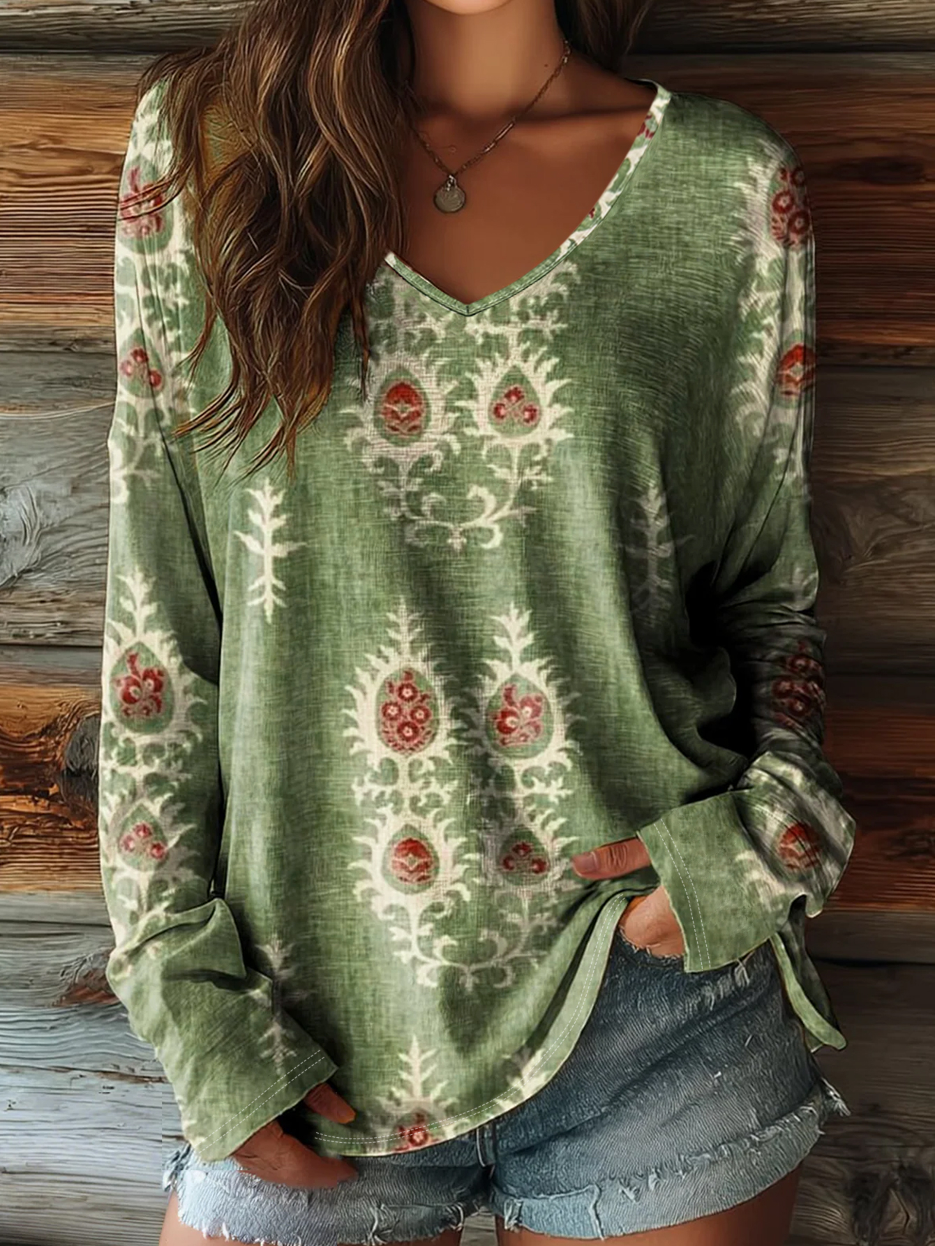 Autumn Winter Retro Fashion Commute Style Green V-Neck Loose Comfortable T-Shirt, Milk Silk Daily Casual Versatile Thin Long Sleeve Top for Women, S-X