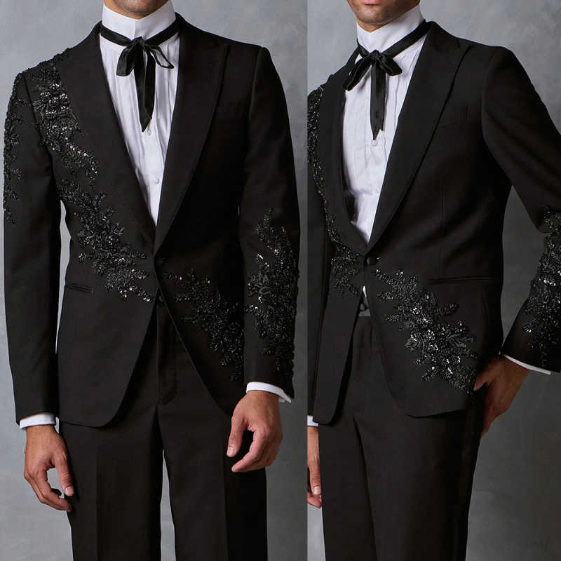 Customized Elegant Embroidery Beads Men Suits Slim Fit Peak Lapel Groom Tuxedos 2 Pieces Sets Male Blazers Casual Ropa Hombre