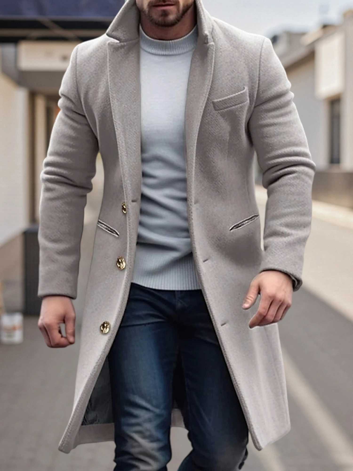 Men s Classic Wool Blend Pea Coat with Notched Lapel and Button Closure for Stylish Winter Outerwear and Streetwear FashionT251025