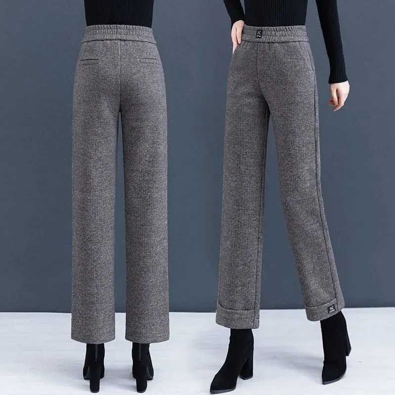 Simplicity Fashion Autumn Winter Woolen Pants Women Solid Pockets High Waist Plus Velvet Straight Wide Leg Ankle Length TrousersT251025