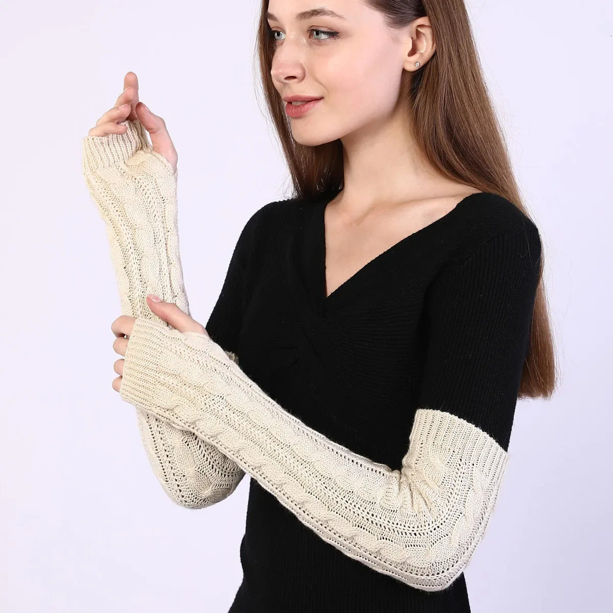 Womens Autumn Winter Woolen Fingerless Gloves Long Knitting Warm Cover Arm Warmers Sleeve for Women 251021