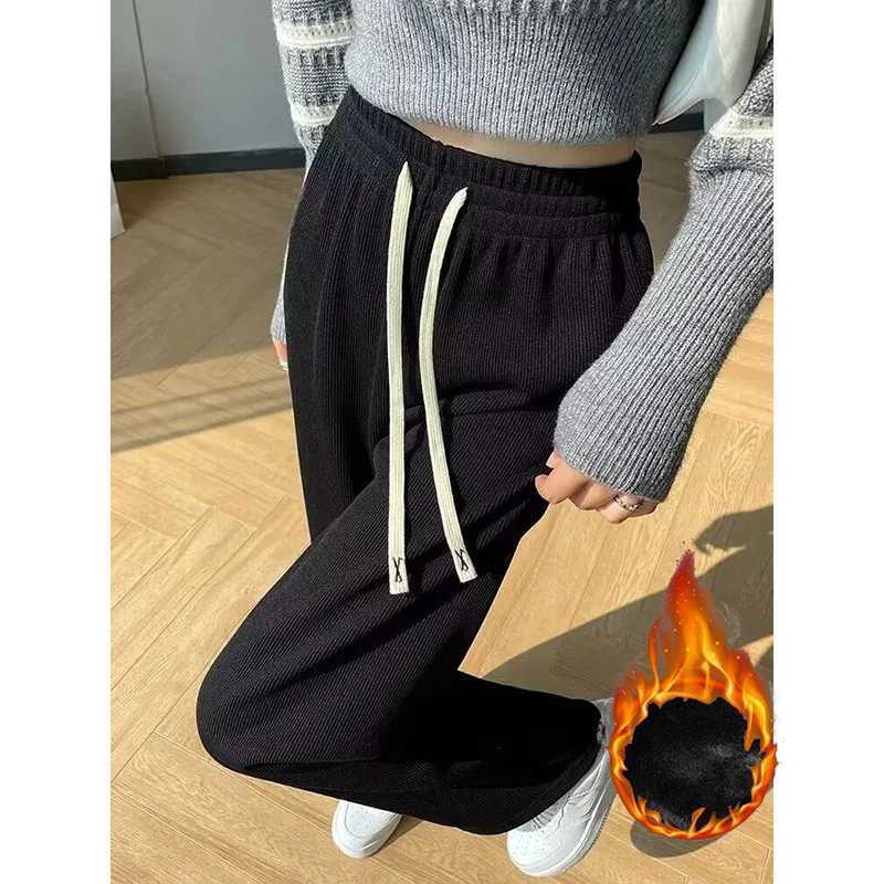 Winter Lady High Waist Fleece Thermal Pants Girls Straight Leg Baggy Fleece Trousers Female Korean Snow Warm Daily PantsT251025