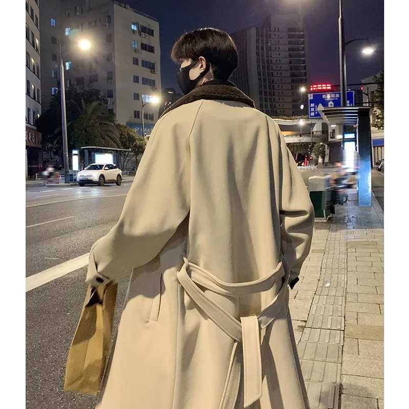 Mens Lamb wool Patchwork Woolen Overcoat Men Highend Stand Collar Casual Loose Korean Style Winter New Elegant Trench CoatT251025