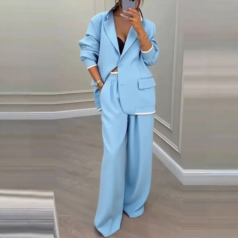 Autumn Winter Blazer Jacket Set Woman Elegant Single Button Lapel Cardigans Wide Leg Trousers Suit Elegant Solid Office Outfit 251021