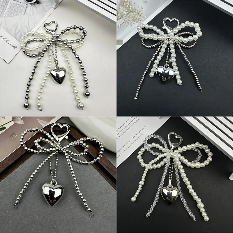 Doublelayer Sweet Lovely Beaded Bowknot Heart Keychain Pendant Hanging Decor Keyring Lanyard Phone Charm Bag Pendant Supplies 251021