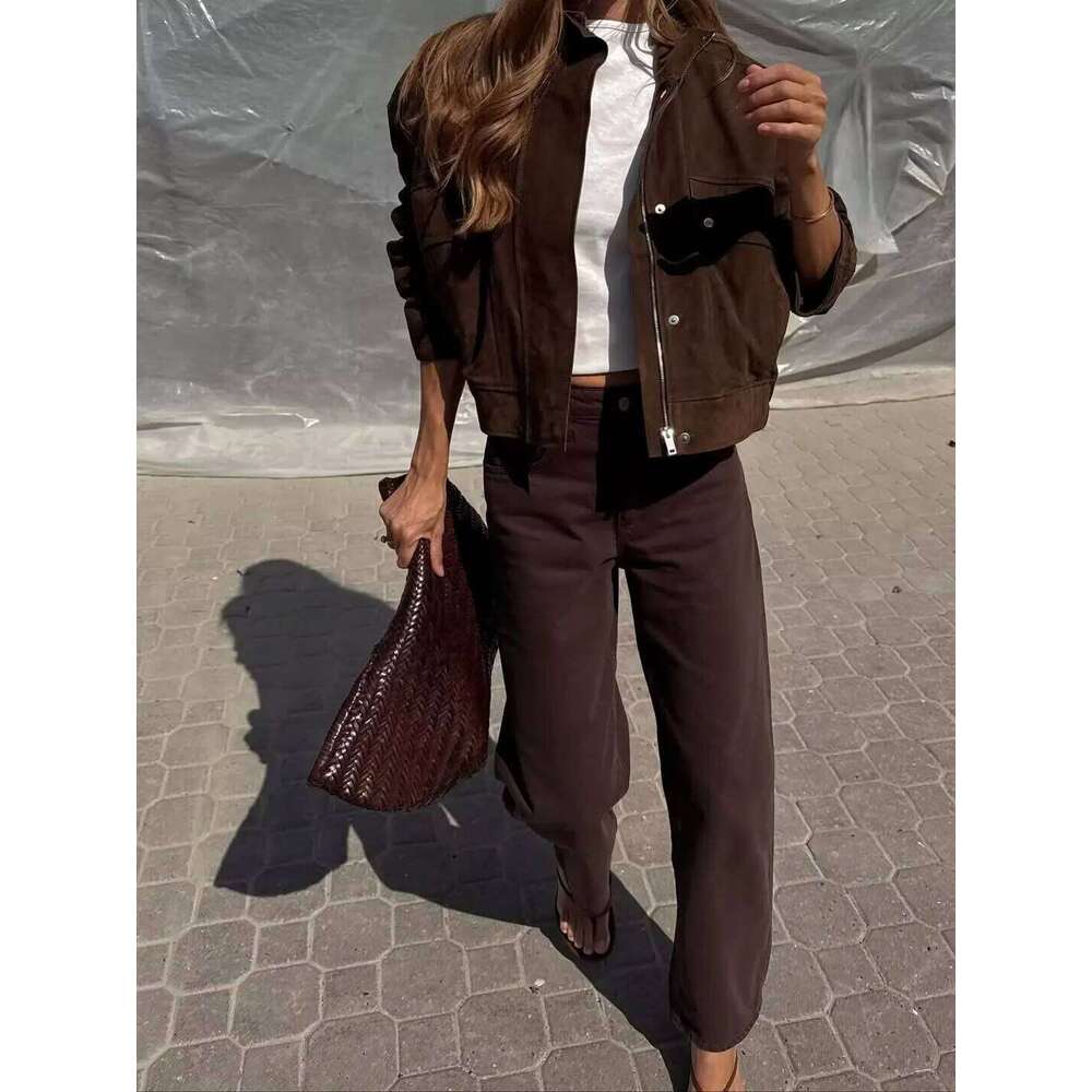 Tidalyf Women Faux Suede Jacket Stand Collar Long Sleeve Decorative Pocket Elastic Hem Casual Chic Autumn Coat