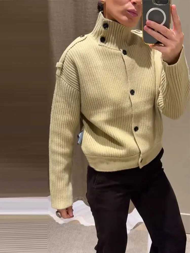 High Neck Knitted Sweater Jacket Woman Solid Color Single Breasted Long Sleeves Loose Coats Casual Street Womens Autumn JacketsT251025
