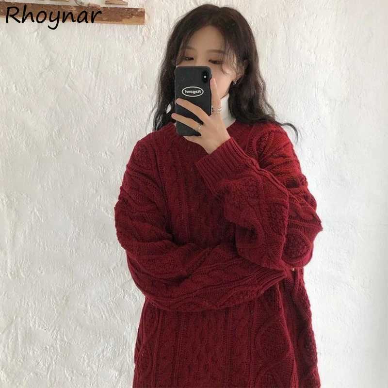 Red Vintage Knitted Sweaters Autumn Winter Pullovers for Women Chic Baggy Students Korean Style Aesthetic College Stylish BasicT251025