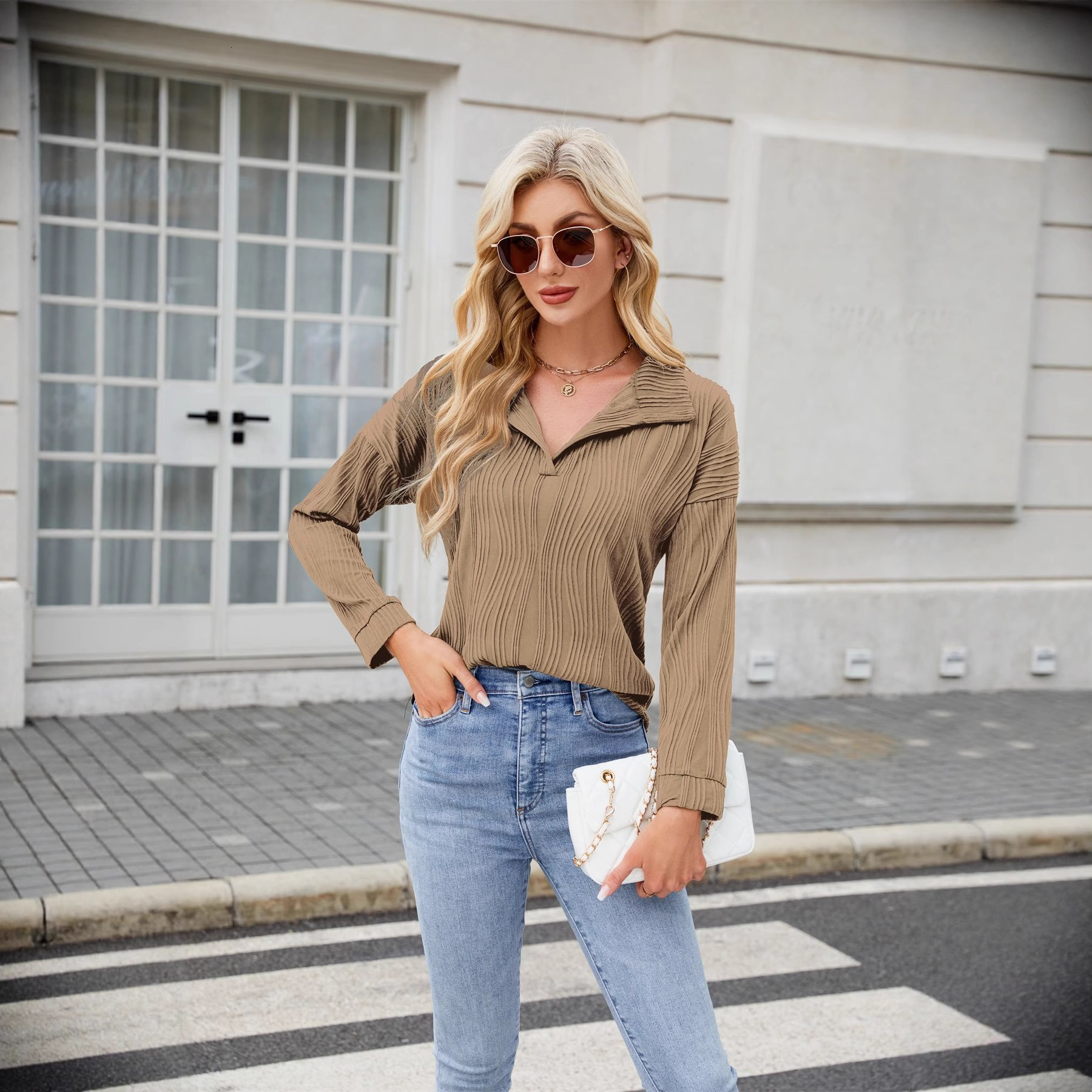 2025 New Womens Clothing Top Casual Vneck Solid Color Polo Shirt Long Sleeve